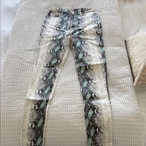 AKIRA Snakeskin Patterned Pants in Black, White, and Light Blue